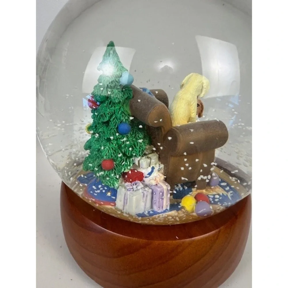 Pottery Barn Y2K‎ Christmas Snow Globe Golden Retriever Puppies Wood Base 7.5 In